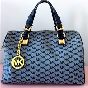 Michael Kors Navy Blue & Gold Block Logo Satchel
